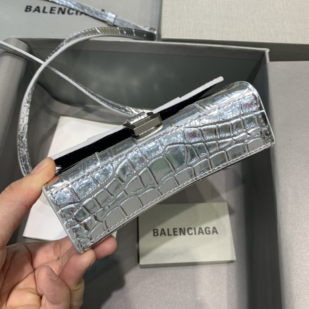 Balenciaga Hourglass Mini Handbag Crocodile Embossed Shoulder Bag Silver 